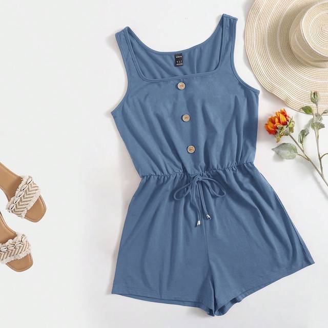 SHEIN Women&#39;s Summer Solid Color Square Neck Sleeveless Knitted Romper