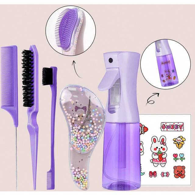 SHEIN 6Pcs/4pcs Detangling Hair Brush Set With Cute Animal Temporary Tattoos, (6.8oz/200ml)Continuous Fine Mist Water Spray Bottle For Hair, Unicorn Cartoon