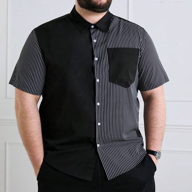 SHEIN Men Plus Size Striped Patchwork Short Sleeve Shirt With Pocket Summer Button Up Color Block Vacation Casual Shirt