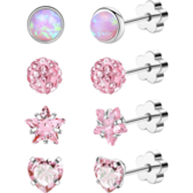 4 par kvinnor hypoallergena örhängen med platt rygg 14K guld broskörhängen för känslig hud Star Heart Opal Helix Screwback Stud Örhängen Rosa, Silver, (0,8 mm*6 mm)