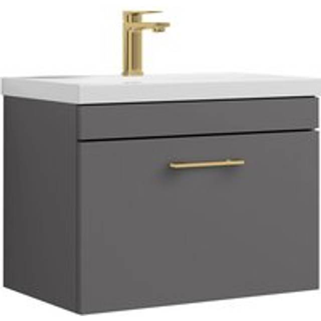 Rio 1 Drawer Wall Hung Vanity Basin Unit - 600mm - Gloss Grey with Brushed Brass D Handle (Tap Not Included)