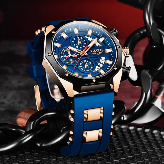 (Gold Black) LIGE New Watch Men Luxury Brand Big Dial Watches Men Waterproof Quartz Wristwatch Sports Chronograph Watch Relogio Masculino