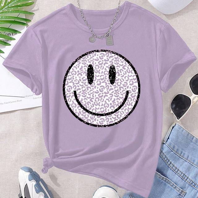 SHEIN Teen Girls&#39; Funny Face & Leopard Print Short Sleeve T-Shirt, Casual And Graphic Tee