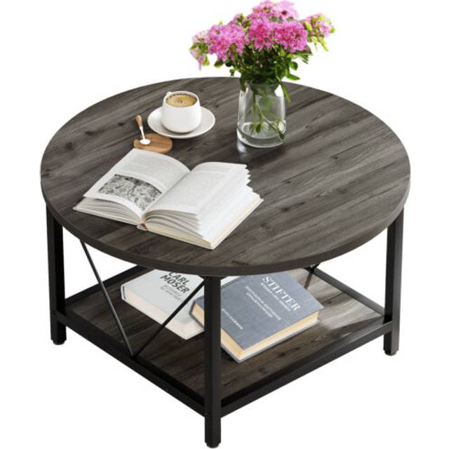 Round coffee table with storage shelf wood for living room sofa side end tables