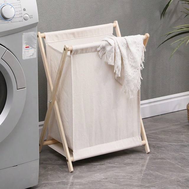 SHEIN Wooden Foldable Laundry Hamper, Bathroom Dirty Clothes Basket, Japanese Style Home Dirty Clothes Storage Basket, Nordic Fabric Storage Bin Laundry Ham