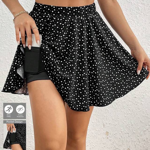 SHEIN Women&#39;s Summer Heart Pattern Printed Skort With Built-In Shorts