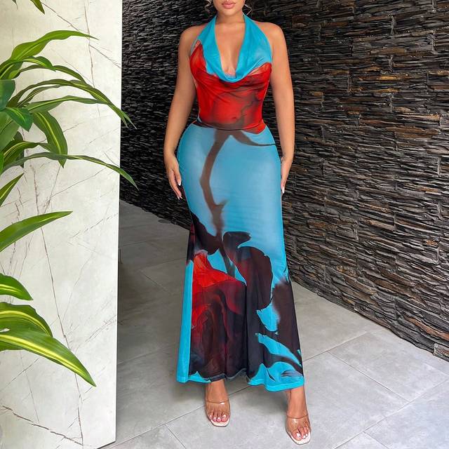 SHEIN Backless Halter Floral Print Mesh Dress With Flower Pattern For Summer Holiday Vacation Beach Casual Fairy Flowy Sexy Boho Birthday Bachelorette Party
