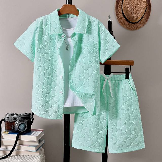 Vihyde Tween Boy 3D Embossed Short Sleeve Shirt & Shorts Set, Casual Holiday Outfit