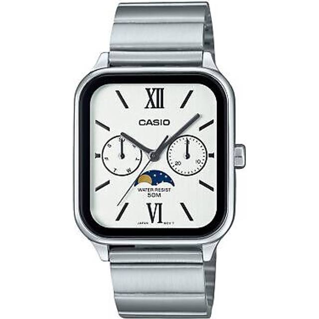 Casio Standard Analog Moon Phase Stainless Steel White Dial Quartz MTP-M305D-7A2V Men&#39;s Watch