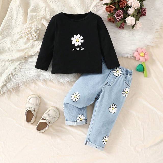 SHEIN Baby Girl Spring/Autumn Casual Flower Print Long Sleeve Top & Denim Pants Set