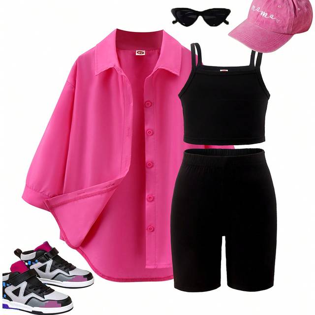 SHEIN 3pcs/Set Girls (Small) Casual Long Sleeve Shirt, Cami, Sports Shorts Summer Outfit