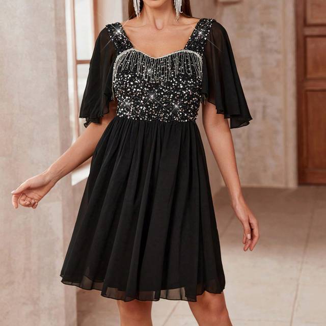 SHEIN Women&#39;s Fashionable Party Dress With Ruffle Detail, Shiny Sequins And Tassel Trim
