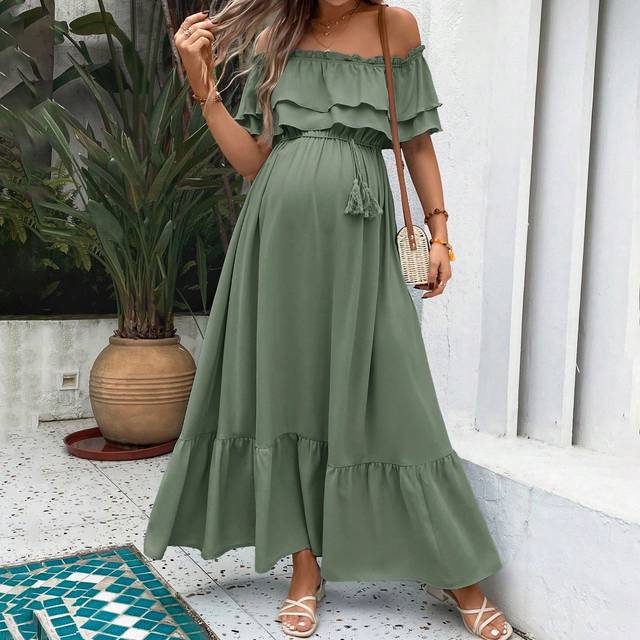 SHEIN Maternity Solid Color Ruffle Ruffle Dress With Ruffled Trimline, Perfect For Summer Casual And Vacation Wear