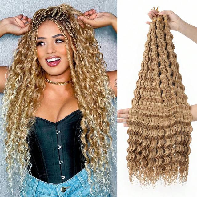 SHEIN 1/6Packs Ocean Wave Crochet Hair ,30Inch Gold Deep Wave Braiding Hair For Women Synthetic Curly Crochet Hair Extensions Wavy Braiding Hair Bohemian Cr
