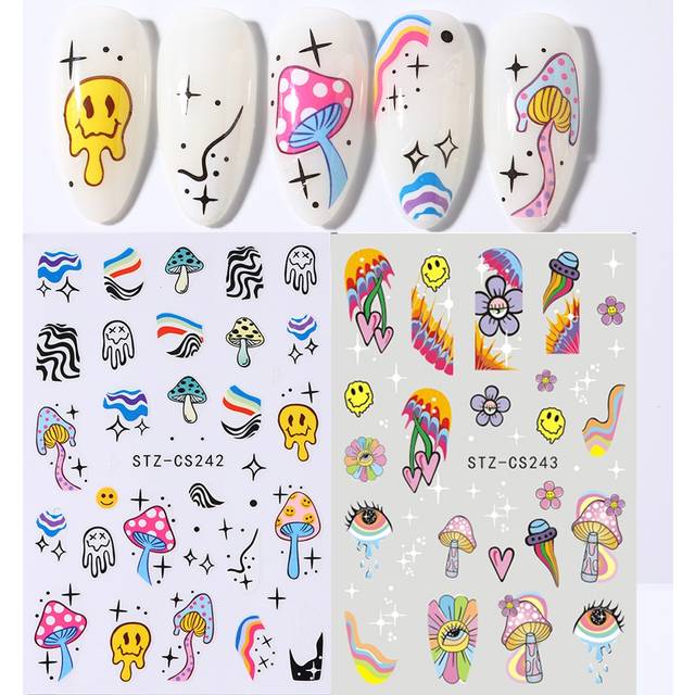 FULL BEAUTY 2sheets Smile Face Evil Eyes Nail Stickers Mushroom Star Moon Decals Halloween Manicure Design Decoration DIY