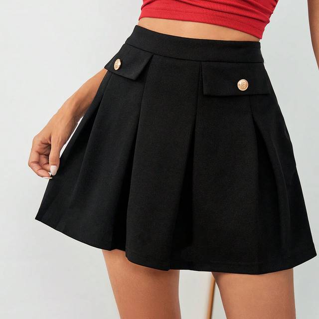 SHEIN Women&#39;s Summer Elegant & Casual & Daily & Dating & Work Loose A-Line Button Decor Black Mini Skirt