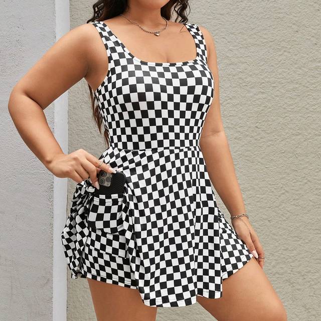 SHEIN Women&#39;s Plus Size Black And White Checkerboard Pattern Vest Dress, Suitable For Summer, Autumn, Back To School, Campus Activities, Outdoor Sports, Ind