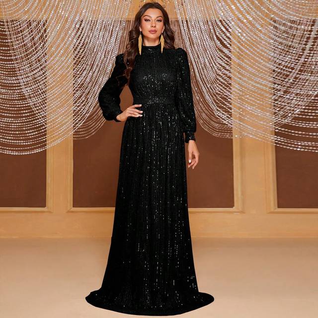 YISIKADO Mock Neck Lantern Sleeve Sequin Formal Dress Black Elegant Long Sleeve Prom Evening Wedding Guest Gown, For Graduation, Dinner Party Dress