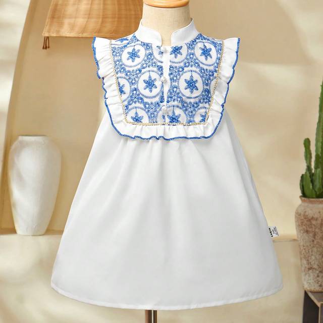 SHEIN Baby Girls&#39; Retro Embroidery Pattern A-Line Dress, Summer