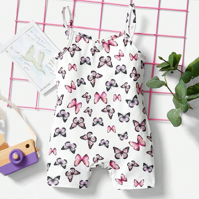 SHEIN Baby Girl Butterfly Pattern Digital Printed Casual Strap Romper