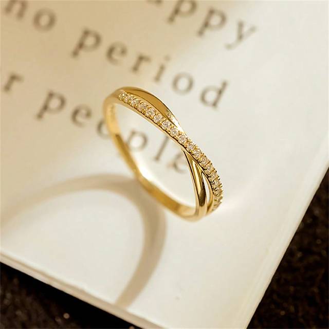 SHEIN Sterling Silver Geometric Crisscross Design Ring Shiny Zirconia Stones, Minimalist & Elegant Jewelry For Women