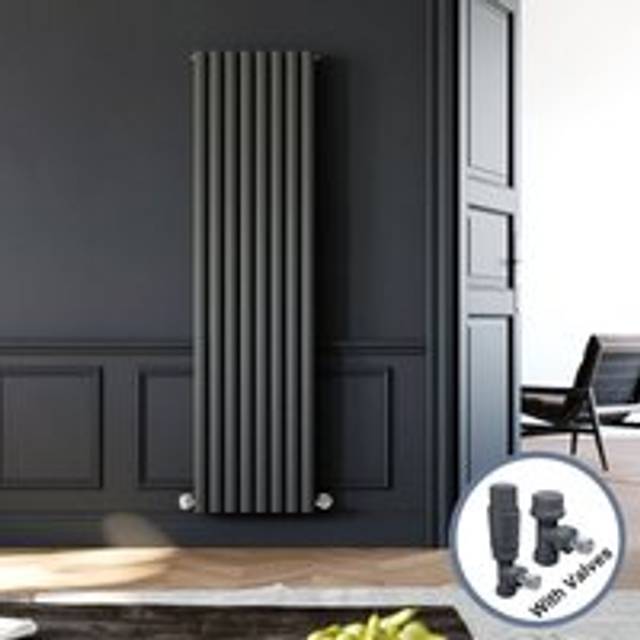 Elegant - 1800 x 480 mm Anthracite Vertical Column Radiator Double Oval Panel Heater For Bedroom + Anthracite Thermostatic Radiator Valves