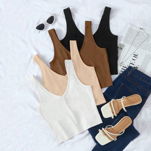 SHEIN Women&#39;s Solid Color V-Neck Slim Fit Tank Top Versatile