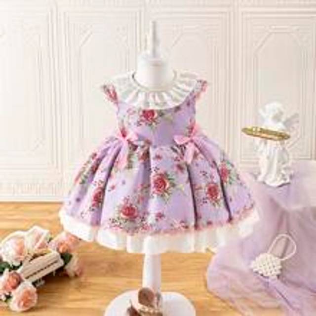 Fashionabla digitaltryckt rosa pilbåge dubbellager blommig spets prinsessklänning med rund hals för flicka - Blåröd (6-9M,9-12M,12-18M,18-24M,2-3Y,3-6M)
