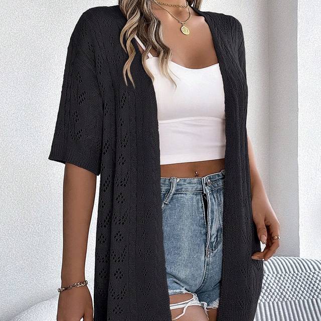 SHEIN Spring Summer Leisure Solid Color Hollow Knitted Cardigan Sunscreen Shirt