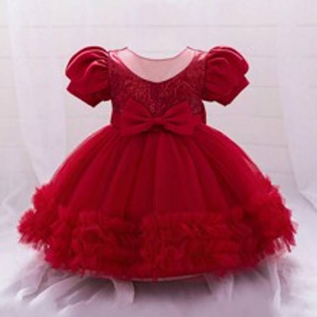 Babyflickor Rund Hals Paljett Tyll Rygglös Rosett Puff Balklänning, Blomsterflickans Födelsedagsfest Prinsessklänning, Lämplig För Fest, Bröllop, Seme - Bourgogne (6-9M,9-12M,12-18M,18-24M,2-3Y)