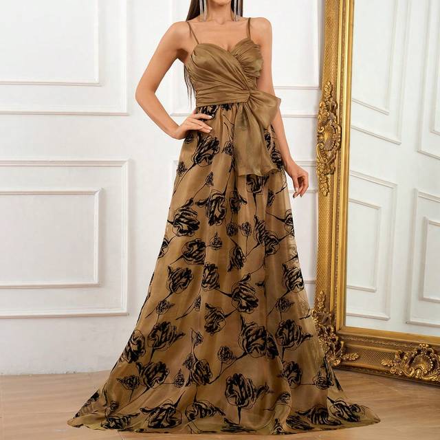 SHEIN Elegant And Simple Mocha Brown Spaghetti Strap Dress With Asymmetrical Pleats On The Cup And High Waisted Design With Bowknot On The Side For A Slimmi