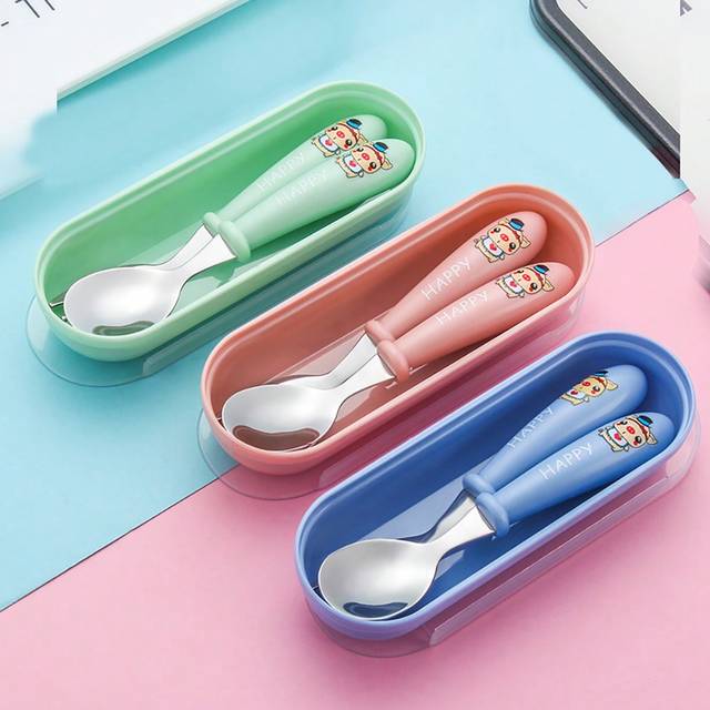SHEIN 2pcs Stainless Steel Children Spoon And Fork Set With Storage Box, Cute Kids&#39; Feeding Cutlery For Babies And Toddlers
