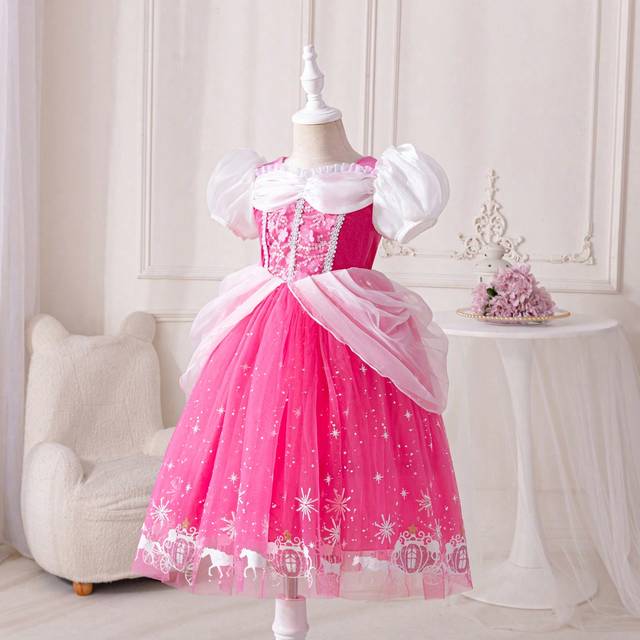 SHEIN Young Girl Colorblock Puff Sleeve Tulle Princess Dress With Sparkly Decoration, For Christmas