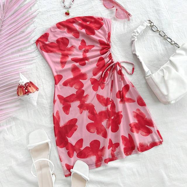 Soleia Summer Fashionable Strapless Butterfly Printed Side Drawstring Hollow Out Dress
