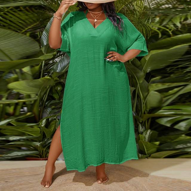 Slaydiva Plus Size Women&#39;s Holiday Solid Color V-Neck Batwing Sleeve Loose Fit Maxi Shirt Dress,Summer Beach