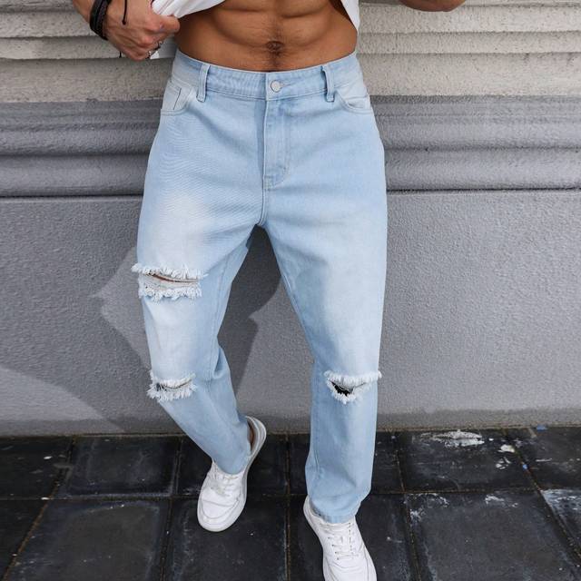 SHEIN Men Distressed Regular Fit Jeans With Pockets For Daily Casual Wear Baggy Long Ripped Frayed Jean Cargo Plain Light Blue Going Out Friends