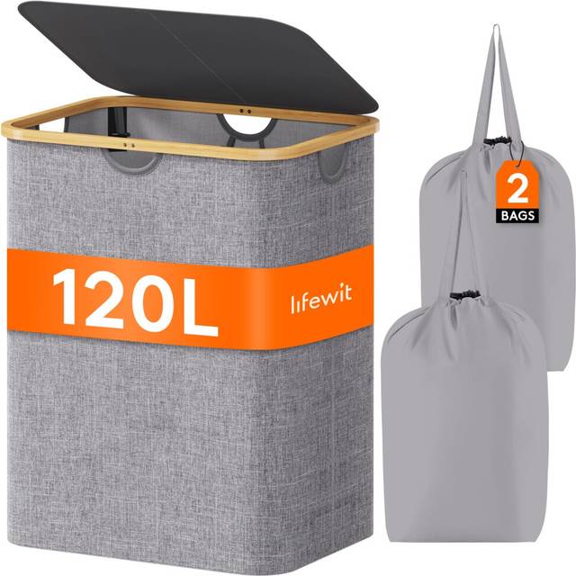 Lifewit 120L Laundry Basket with Lid, Clothes Hampers for Laundry with Bamboo Handles and A Removable Laundry Bag, Large Foldable Laundry Hamper for