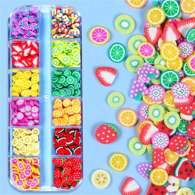 SHEIN 12-Compartment Box Soft Clay Sheet Nail Art Decoration With Heart, Fruit And Flower Pattern, For Valentine&#39;s Day, Easter, Christmas, Thin Sticker, Uv