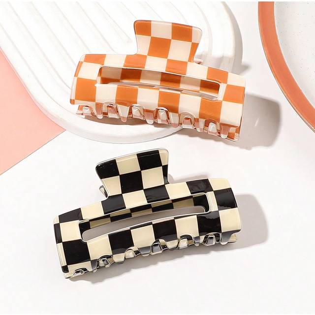SHEIN 2pcs Black&White&Orange Acrylic Checkerboard Square Hair Claw, Elegant Accessory For Women At Parties,Tea Parties And Dance Parties Claw Clips Hair Cl