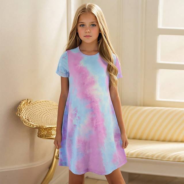 SHEIN Tween Girl GORLYA Casual A-Line Short Sleeve Dress, Suitable For Spring/Summer Outdoor Activities, Shopping, Strolling, And Going Back To School