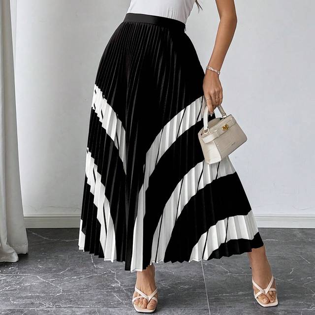 Firerie Women&#39;s Elegant Elegant Daily Commute Business Black & White Pattern Pleated A-Line Skirt For Summer,Parties,Music Festival,Graduation Season,Commute,