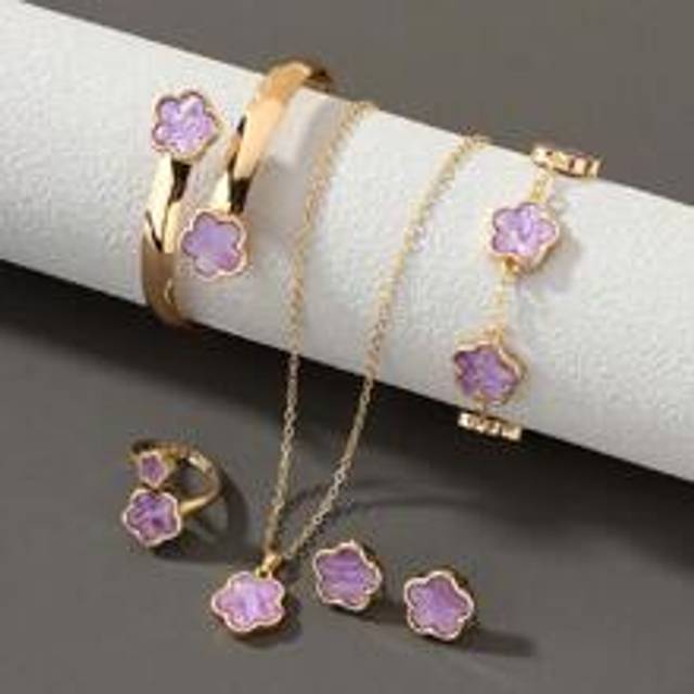 1 st Sweet Clover hänge halsband, 1 st armband, 1 par örhängen, 1 st ring, 1 st armring 5-delade smyckesset för kvinnor - Blåröd (En-Storlek)