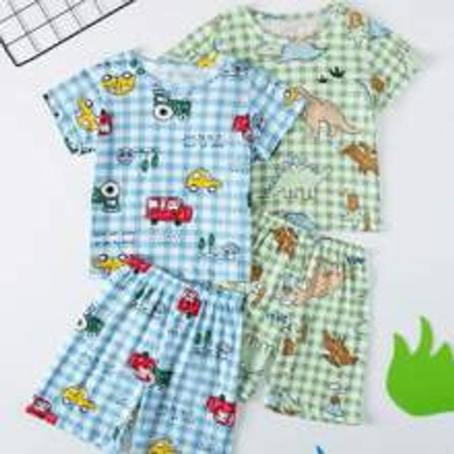 Ung pojke 2 uppsättningar av sommaren lätt tecknad pyjamas för unga pojkar, kortärmade och shorts, med bil- och dinosauriemönster Hemkläder - Vitt (6Y,7Y,3Y,4Y,5Y)
