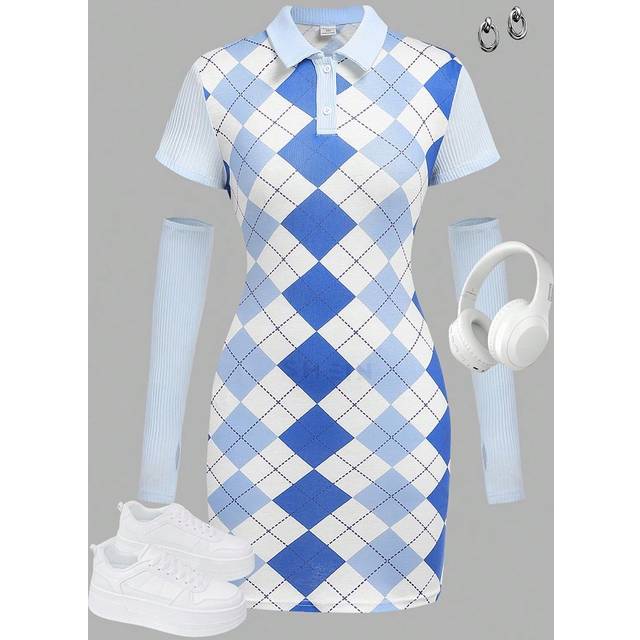 SHEIN Teen Girls&#39; Blue Diamond Checkered Preppy Style Collared Knitted Dress With Long Sleeves Set