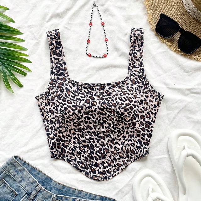SHEIN Women&#39;s Leopard Print Square Neck Asymmetrical Hem Vacation Tank Top