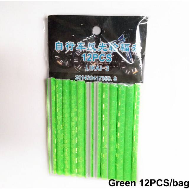 (a-Green-12PCS) 12PCS Bicycle Lights Wheel Spokes Clip Tube Cycling Bike Fluorescent Strip Reflective Film Bicycle Accessories Luminous Stickers