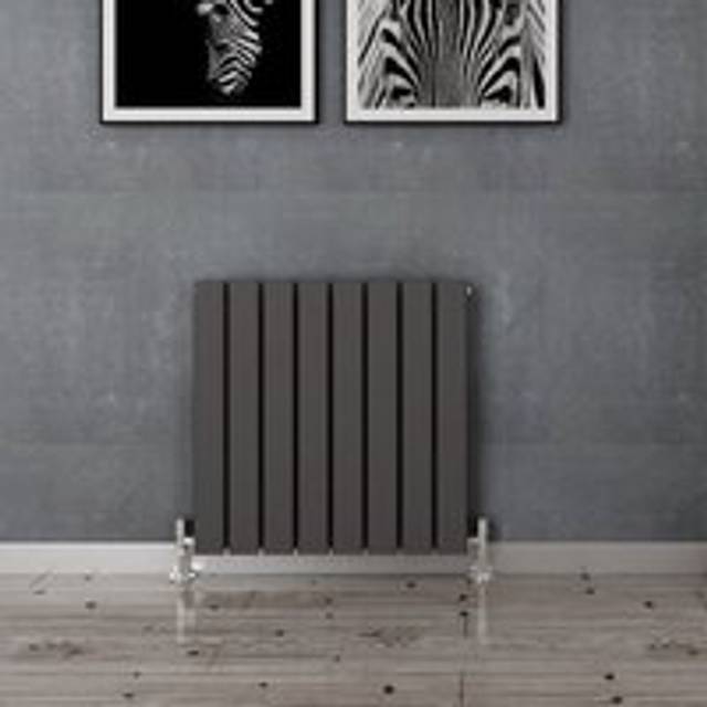 Elegant - 600x608mm Anthracite Designer Radiator Horizontal Flat Panel Single Panel Radiator with Thermostatic Radiator Valves