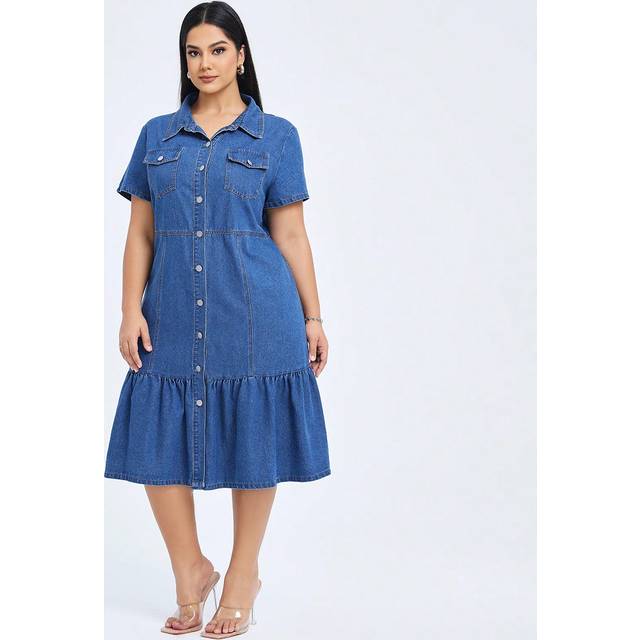 SHEIN Plus Size Summer Casual Denim Shirt Dress With Front Buttons Milkmaid Dress  Summer Outfits For Women Festival Outfits Sundress