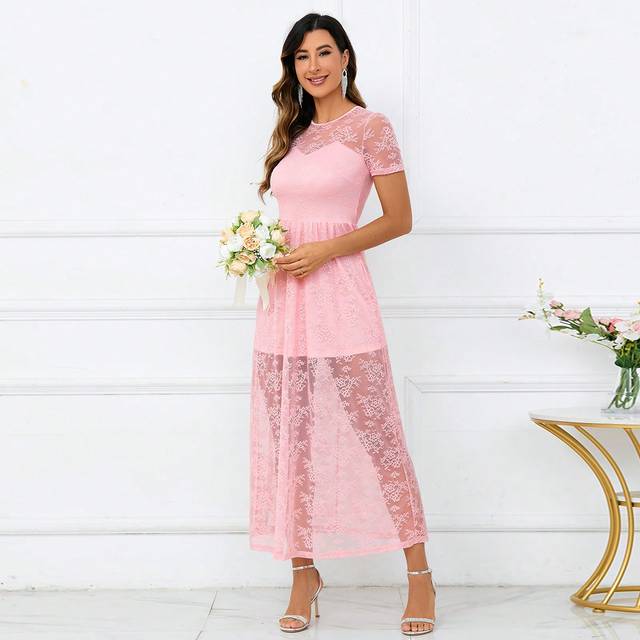 Drark Women&#39;s Solid Color Round Neck Lace Short Sleeve Long Elegant Bridesmaid Dress