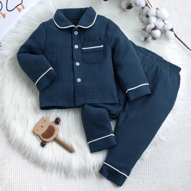 SHEIN Baby Boy Turn-Down Collar Color Block Trimmed Button-Up Pajamas Set